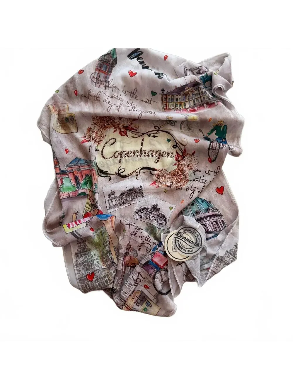 NWT Copenhagen Denmark Illustrated Souvenir Scarf Landmark Print Oversized Huge